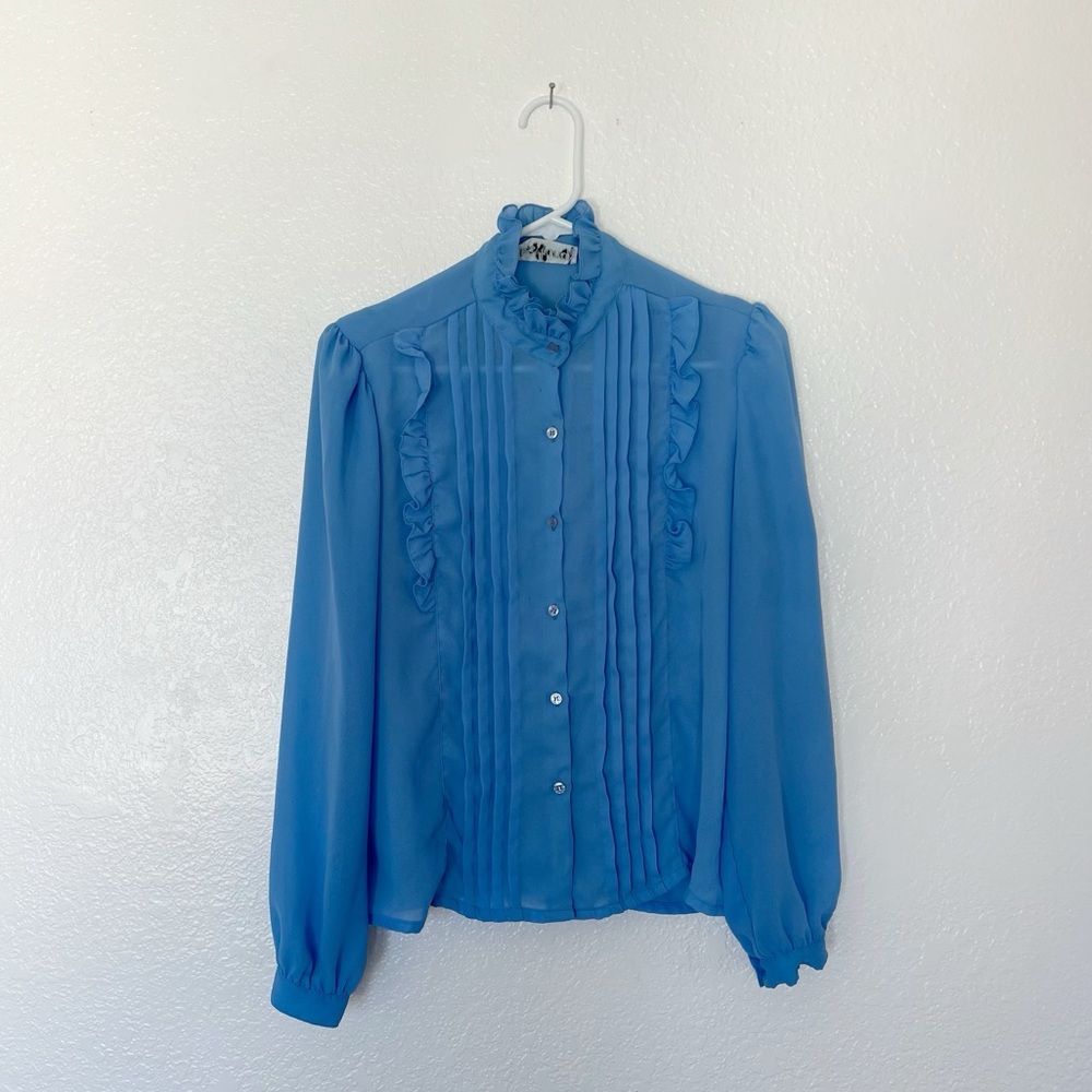 Vintage Blue Tuxedo Blouse 1980s High Neck Ruffle Womens Top Lloyd Harry Dumber - Picture 1 of 6